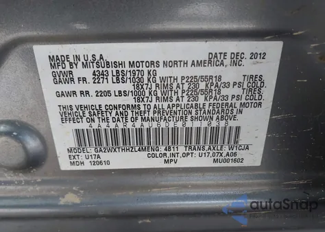 2013 Mitsubishi Outlander Sport Se из США, поврежденный, VIN 4A4AR4AU6DE011038